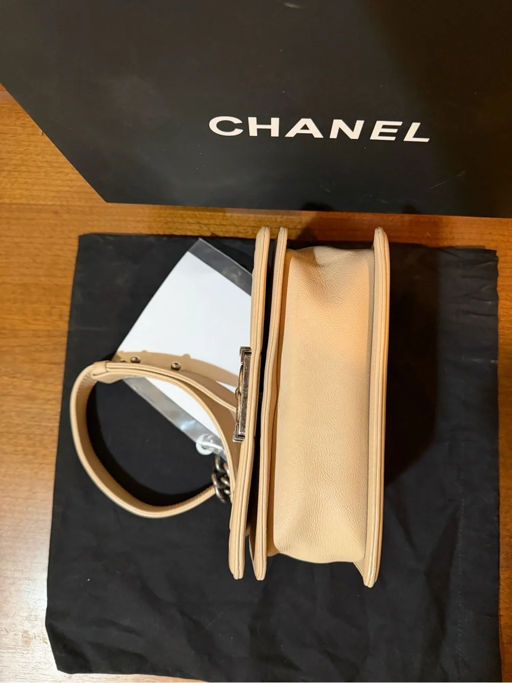 CHANEL Beige Quilted Boy Shoulder Bag with Dark Silver Hardware